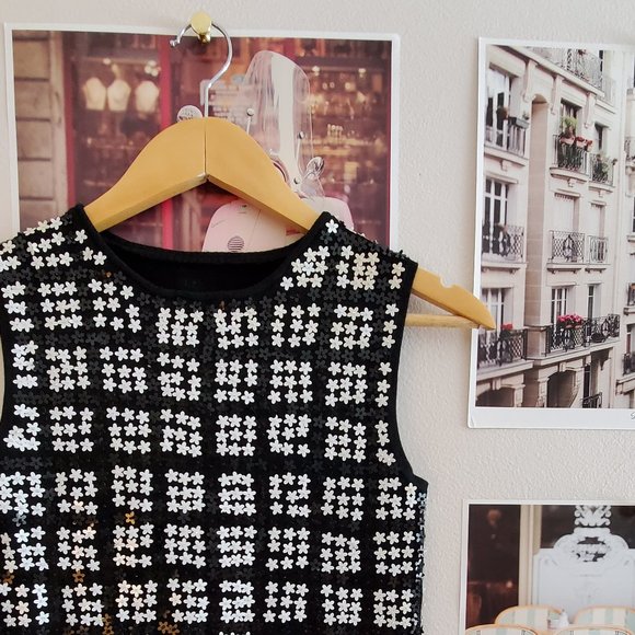 Vintage Mod Daisy Sequin Sweater Crop Top - Picture 4 of 6
